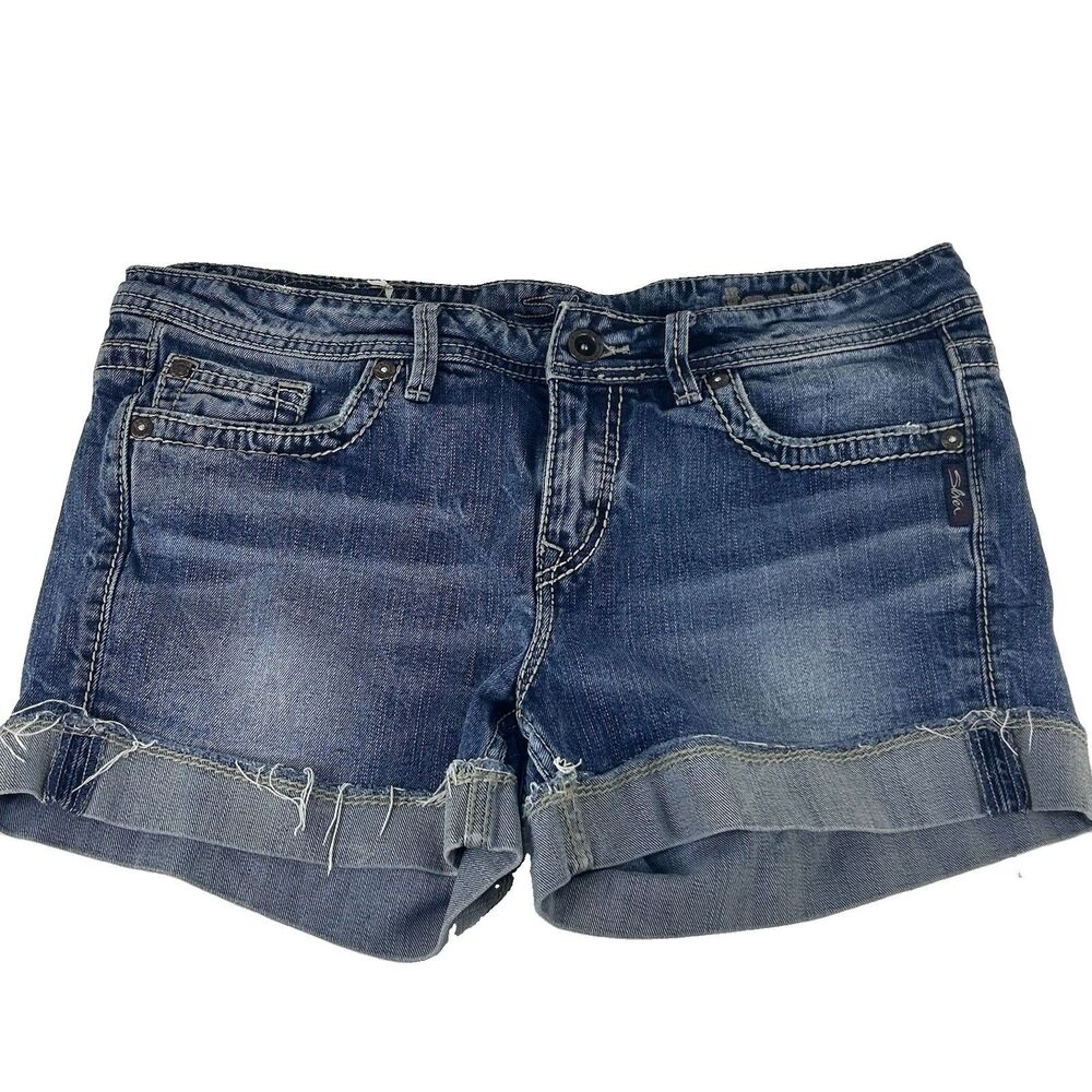 Silver Jeans Blue Toni 3.5 InseamMid Rise Distressed Denim Shorts Womens Size 32